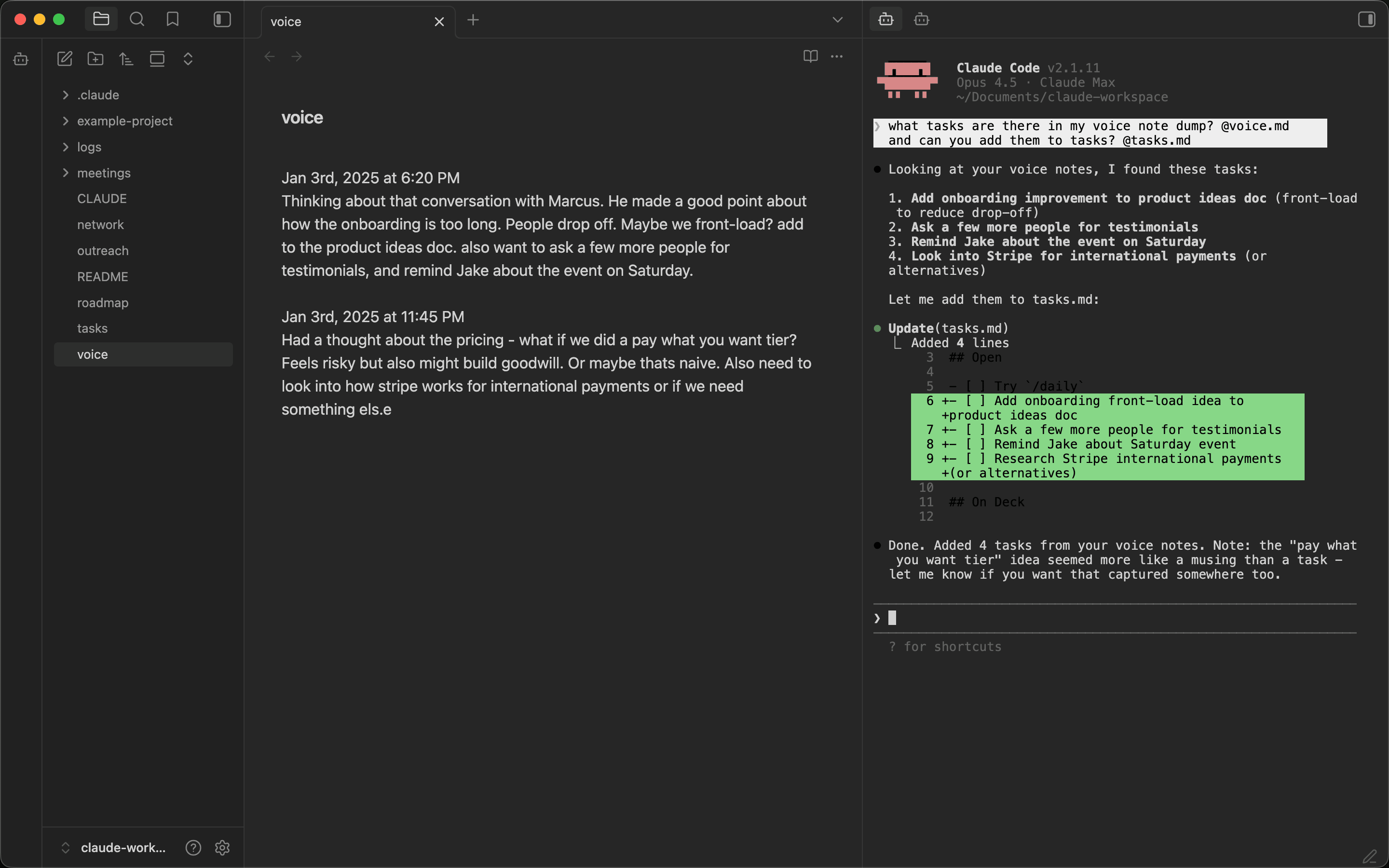 Obsidian workspace with Claude Code sidebar
