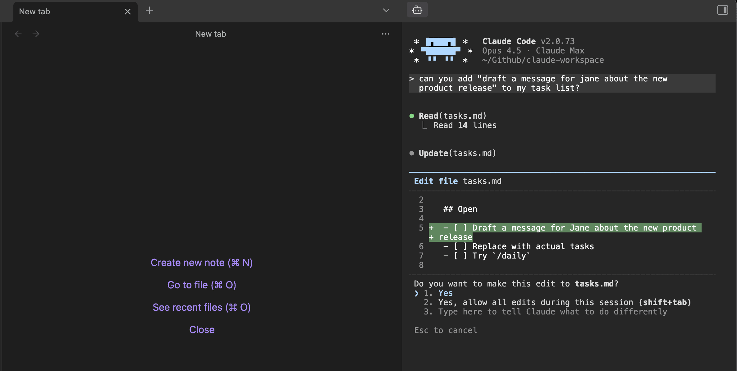 Claude Code running in Obsidian sidebar