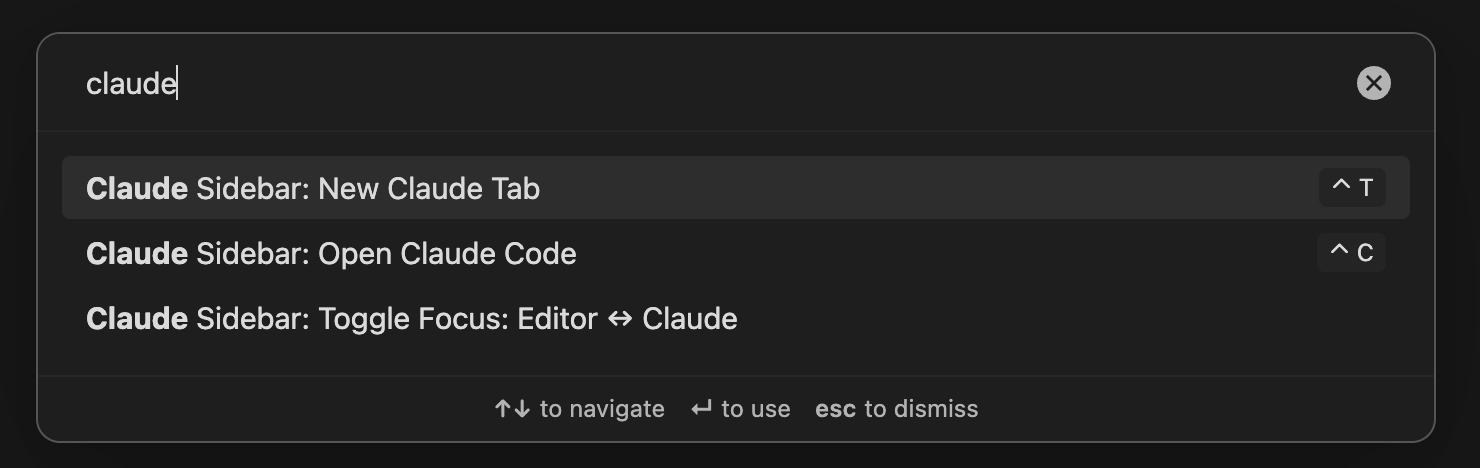 Command palette showing Claude Sidebar options