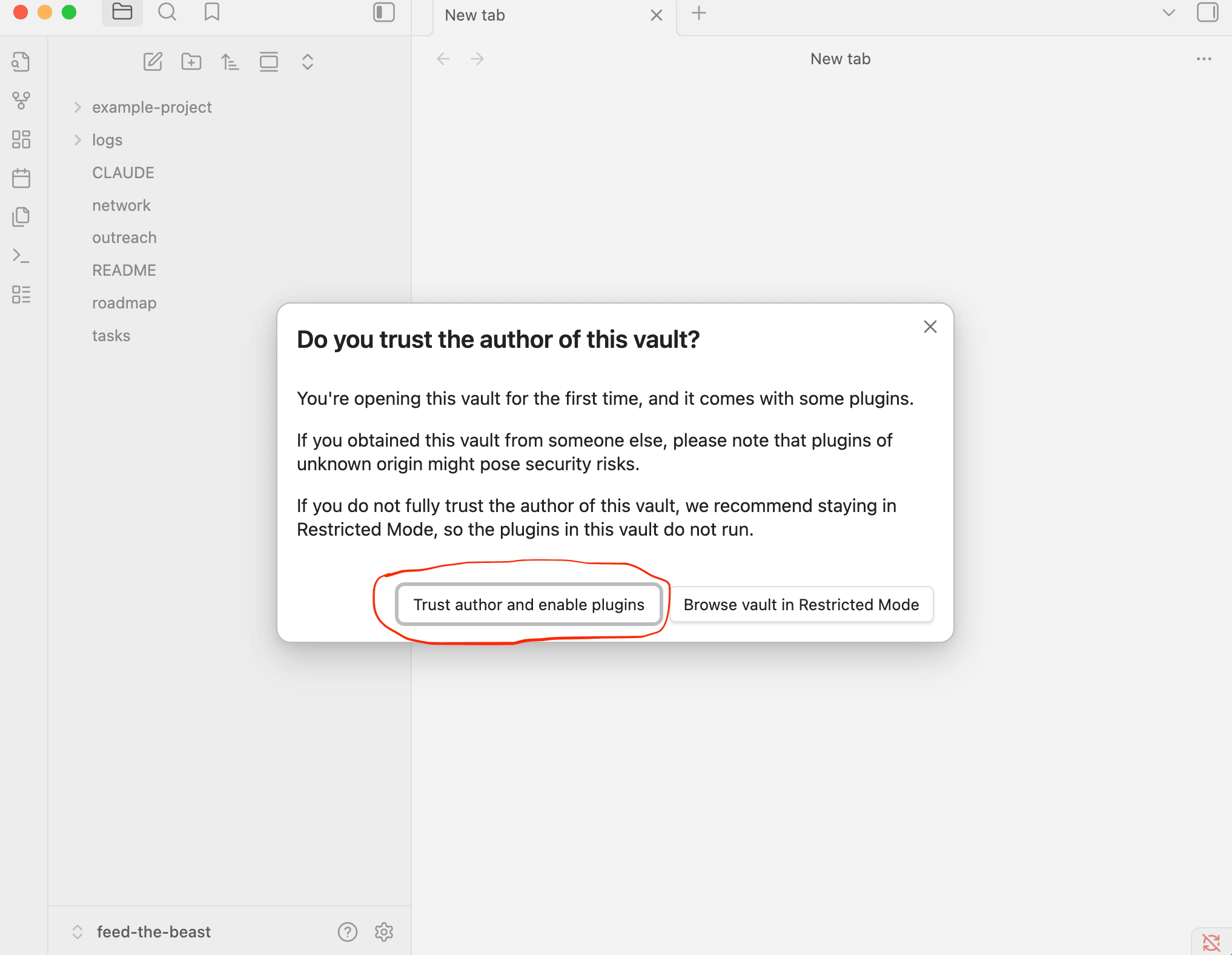 Obsidian trust plugins dialog