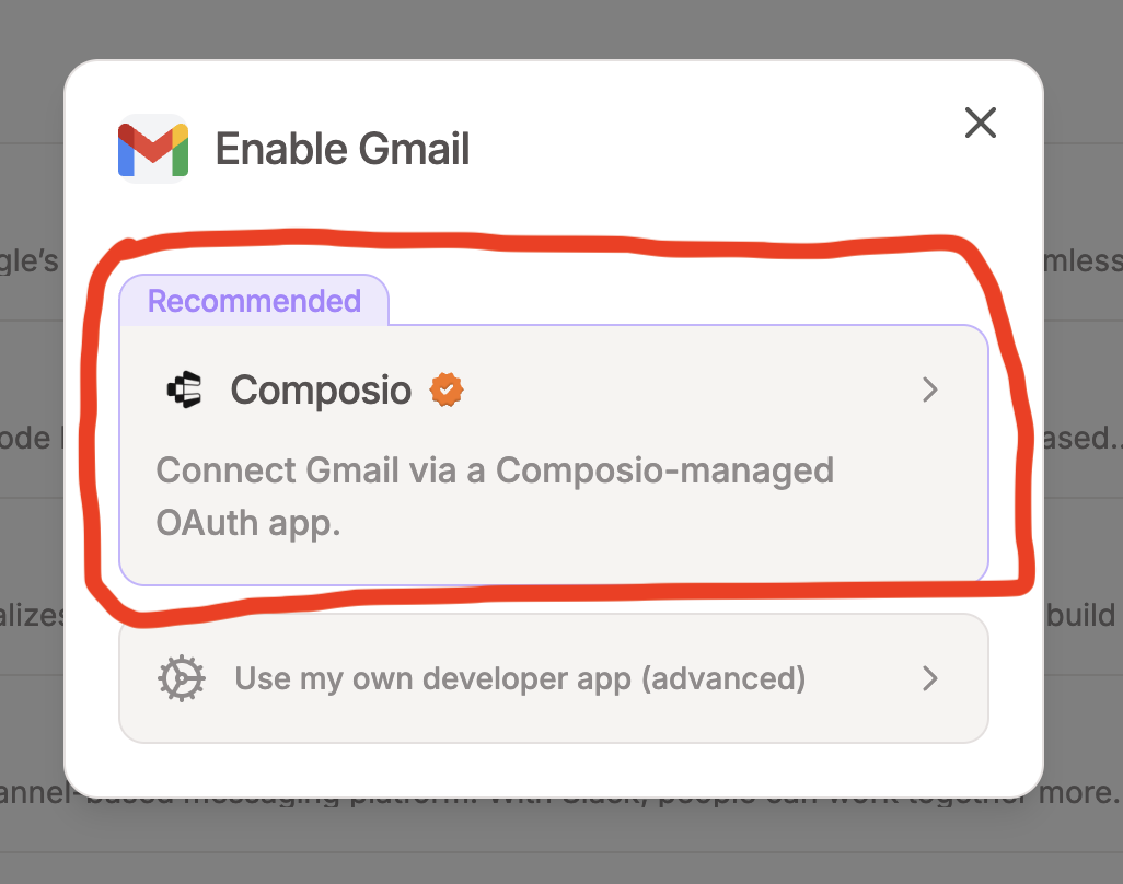 Rube Gmail - select Composio