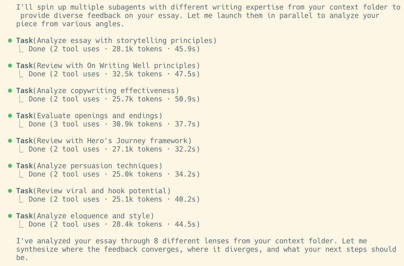 Subagents analyzing an essay through multiple lenses